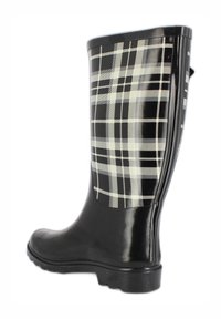 Zwarte rubberen regenlaars met een zwart-wit ruitpatroon op de schacht, voorzien van een gestructureerde zool en een treklus aan de achterkant.