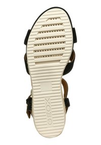 Suola di sandal nera con suola in gomma bianca. Presenta scanalature orizzontali, fori di drenaggio e marchio GEox. Visibile cinturino regolabile.