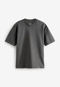 Mörkgrå T-shirt med kort ärm, gjord av mjuk bomull. Har en rund halsringning och en avslappnad passform, med en jämn och slät struktur.