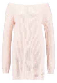 Maglione a spalla scoperta lavorato a maglia di colore rosa chiaro. Presenta una vestibilità ampia, un ampio scollo e un motivo a punto testurizzato con maniche lunghe e polsini a costine.