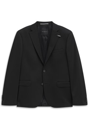 Schwarzes Herren-Sakko mit Kerbklappen, zwei aufgesetzten Taschen vorne, zwei Knöpfen und einer kleinen Reversnadel auf der linken Seite.