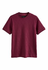 Short-sleeve maroon t-shirt made of textured fabric featuring a diamond pattern. Round neckline and standard fit design.