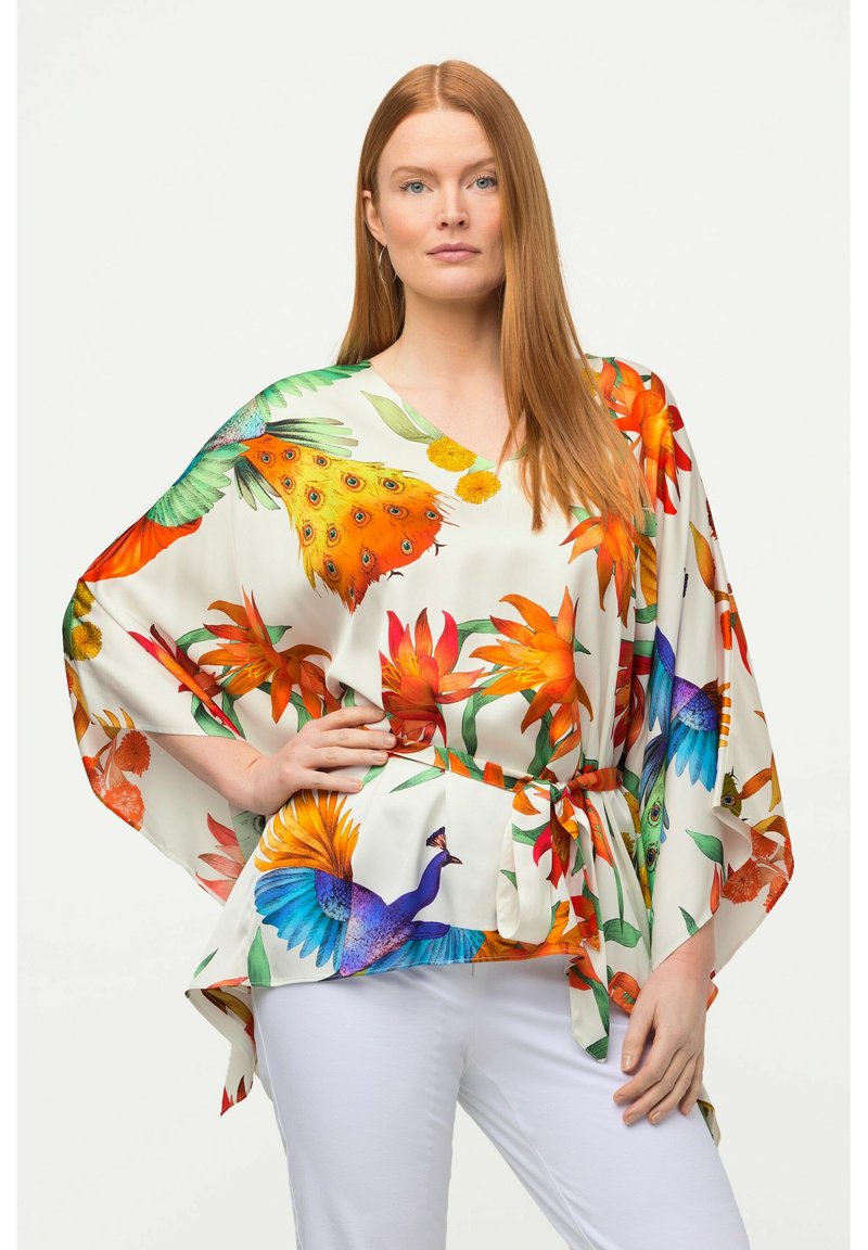 Ulla Popken FLORAL 3/4 SLEEVE SPLIT NECK - Camicetta - Marine/blu Scuro