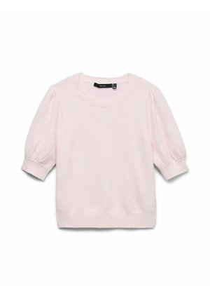 Pull léger en maille rose clair à manches courtes avec encolure ronde et manches légèrement bouffantes, bords-côtes aux poignets et à l'ourlet.