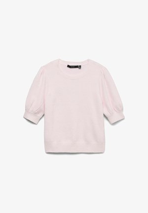 Pull léger en maille rose clair à manches courtes avec encolure ronde et manches légèrement bouffantes, bords-côtes aux poignets et à l'ourlet.