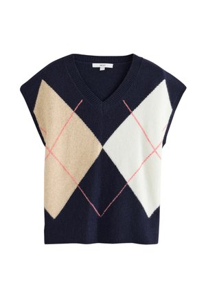 Ærmeløs marineblå sweatervest med stort argylemønster i beige og hvid samt pink diagonale linjer, med V-hals og ribbet kant.