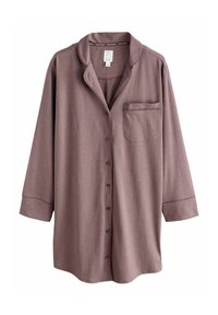 Chemise à manches longues de couleur mauve, boutonnée, fabriquée en tissu doux, avec une poche poitrine et un col classique légèrement brillant.