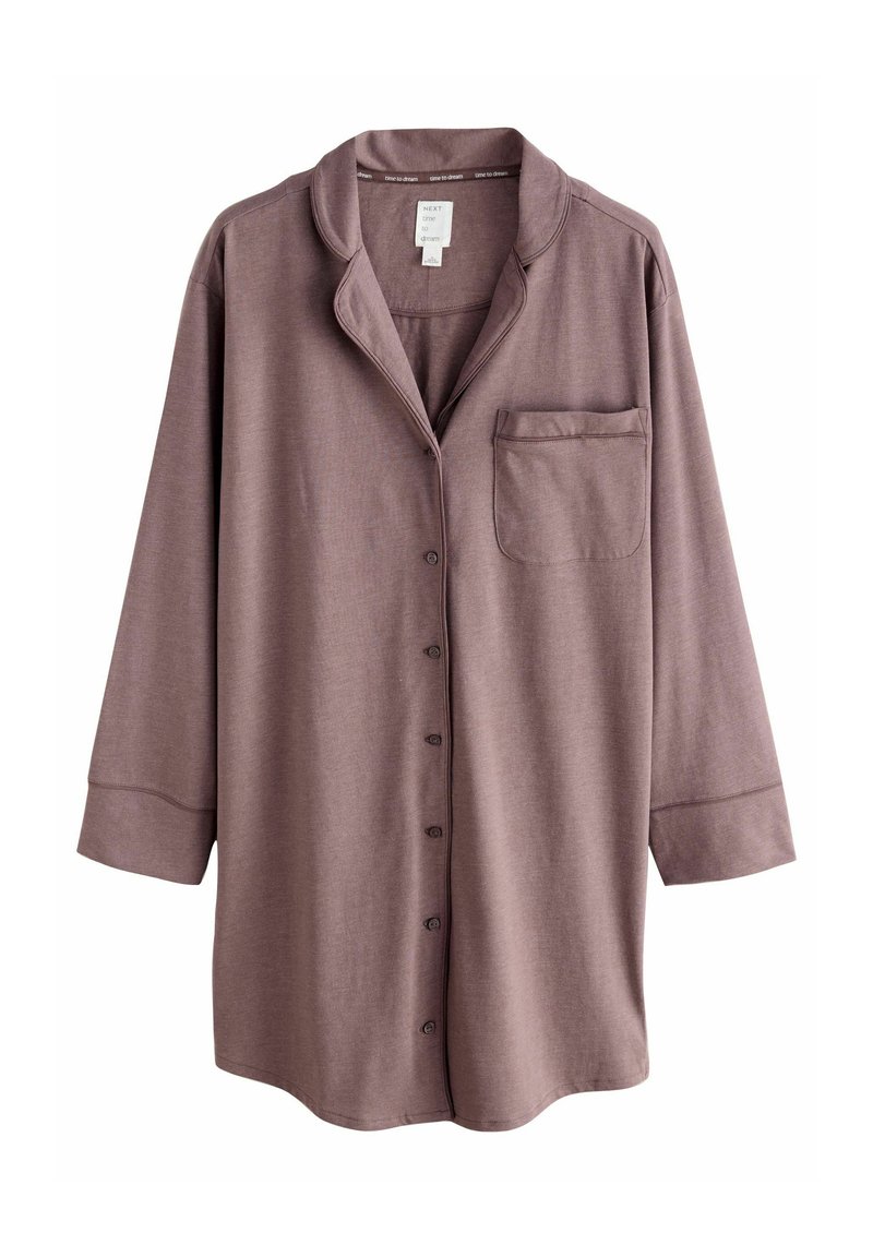 Chemise à manches longues de couleur mauve, boutonnée, fabriquée en tissu doux, avec une poche poitrine et un col classique légèrement brillant.