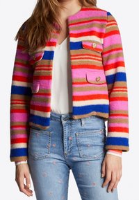Femme portant une veste rayée vibrante avec des couleurs rose, rouge, bleu et beige sur un haut blanc, associée à un jean bleu clair brodé de petites fleurs roses.