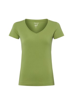 Grünes, tailliertes Damen-T-Shirt mit kurzen Ärmeln und V-Ausschnitt aus hochwertiger Baumwolle, Größe S, auf weißem Hintergrund dargestellt.