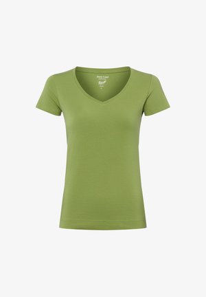 Zielona damska obcisła koszulka z krótkim rękawem i dekoltem w szpic, wykonana z wysokiej jakości bawełny, rozmiar mały, prezentowana na białym tle.