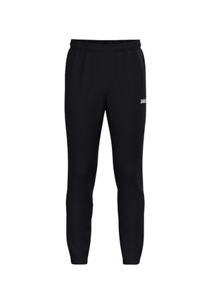 Pantalones deportivos negros entallados con cintura elástica y logo de JAKO en el muslo superior, diseñados para deportes o uso casual.