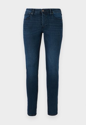 Jeans din denim de culoare albastru închis, cu croi slim, având buzunare frontale și dorsale, sistem de închidere cu nasture și fermoar, și o elasticitate minimă pentru confort.