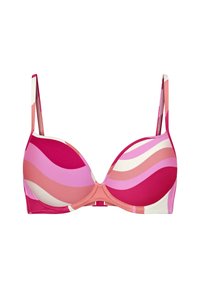 Bügel-BH mit Wellenmuster in verschiedenen Rosa- und Weißtönen, mit verstellbaren Trägern und einem Haken- und Ösenverschluss auf der Rückseite.
