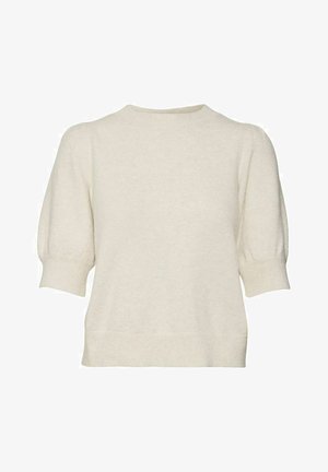Kremowy sweter z krótkim rękawem, okrągłym dekoltem, ściągaczami i miękkim, teksturowanym wykończeniem. Sylwetka jest luźna i lekko pudełkowa.