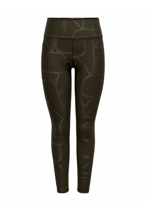 Legging noir taille haute avec un motif abstrait discret et des coutures surpiquées, présenté sur un fond blanc uni.