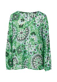 Grüne Bluse mit Muster, die ein florales Design in Grüntönen, Blau und Schwarz zeigt. V-Ausschnitt mit einem Knopfverschluss im Rücken und langen Ärmeln.