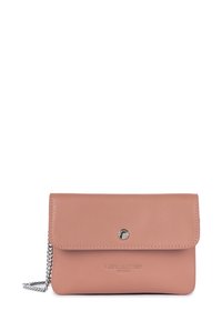 Pink leather wallet with a fold-over flap, silver snap closure, chain strap, and subtle embossed branding on the front. Smooth texture.