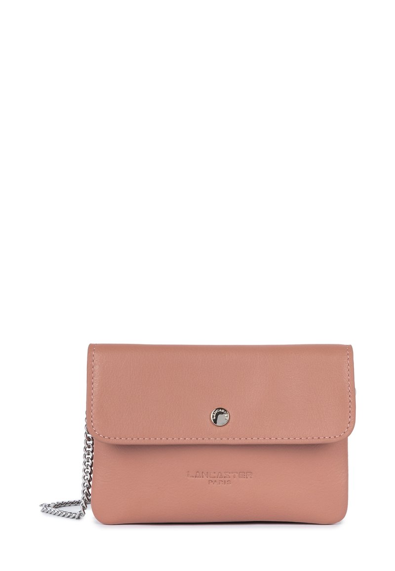 Pink leather wallet with a fold-over flap, silver snap closure, chain strap, and subtle embossed branding on the front. Smooth texture.
