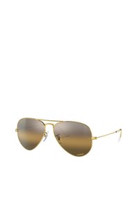 Occhiali da sole aviator con montatura dorata e lenti marroni sfumate, bracci in metallo sottili e supporti per il naso per il comfort. Presentano un logo sulla lente.