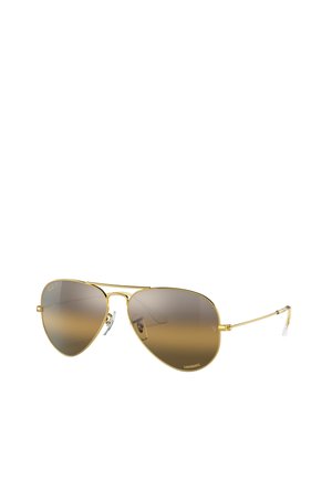 Occhiali da sole aviator con montatura dorata e lenti marroni sfumate, bracci in metallo sottili e supporti per il naso per il comfort. Presentano un logo sulla lente.