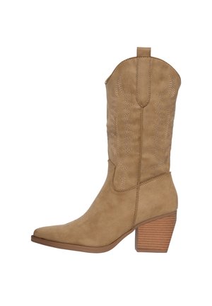 Tanfarbene Wildleder-Stiefel im Western-Stil mit spitzem Zeh, dekorativen Nähten und einem gestuften Absatz. Mit einem Zugtab an der Schaft für ein einfaches Anziehen.