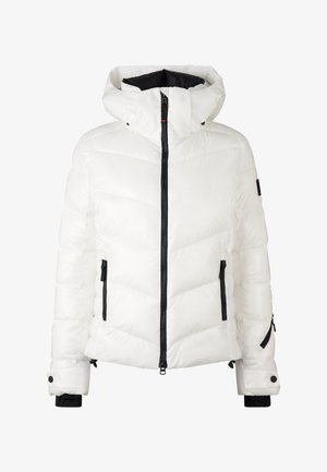 Weißer Daunenjacke mit hohem Kragen, schwarzen Reißverschlüssen und zwei seitlichen Taschen. Verfügt über ein gesteppter Muster und verstellbare Manschetten.