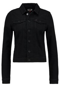 Black denim jacket with button front, two chest flap pockets, long sleeves, and a collar.