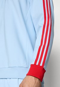 Light blue athletic sweatshirt with red ribbed cuffs and three vertical red stripes on the sleeves. Smooth texture, classic design.