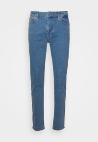 Blå denimjeans med rak passform, med bälteshällor, framknappslås och fem fickor. Slät textur och klassisk design.