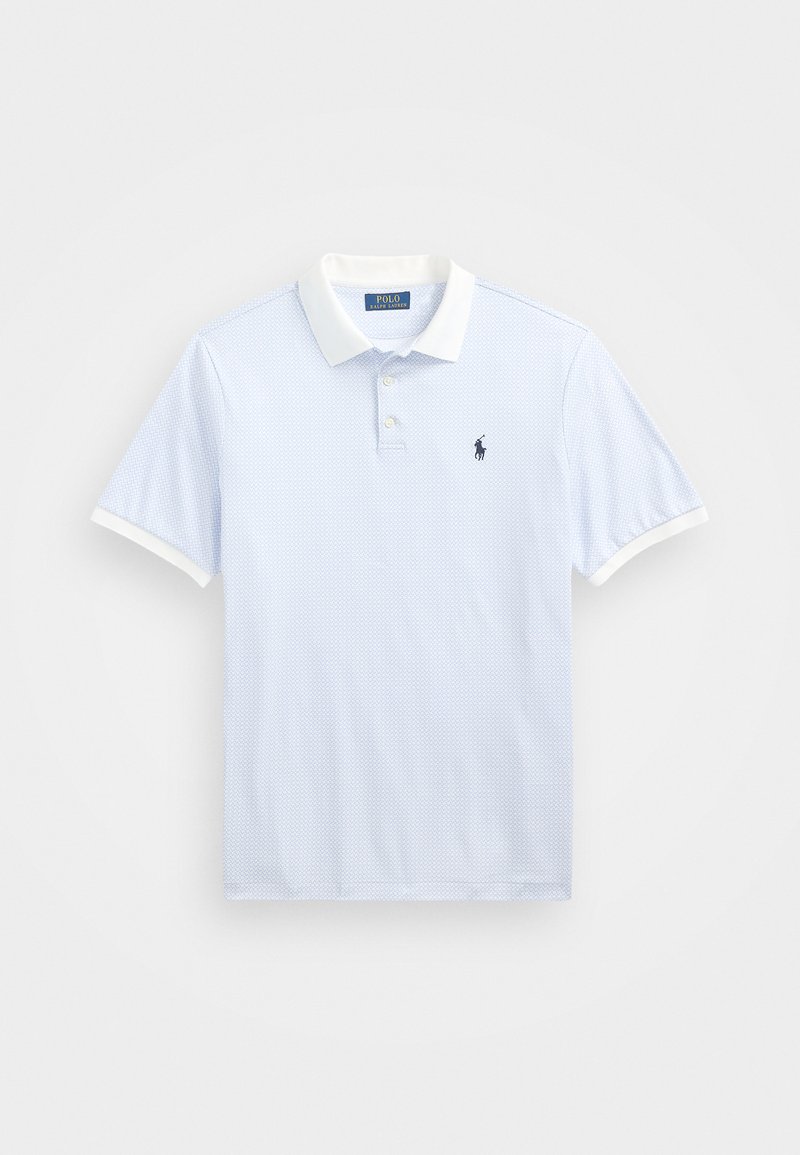 Světle modrá polo košile s krátkým rukávem a bílým límcem, malým logem polo na hrudi, s texturovaným vzorem po celém povrchu.