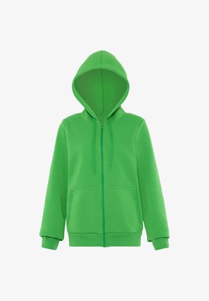 Zelená mikina na zip vyrobená z měkké látky, s velkou kapucí, dvěma předními kapsami a ribbovanými manžetami pro přiléhavý vzhled.