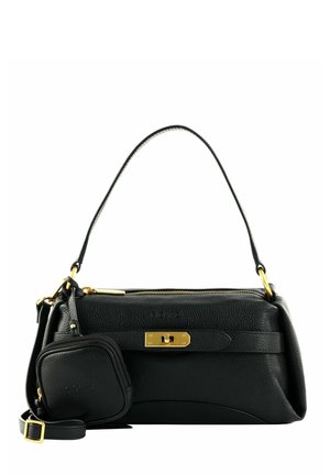 Sac à main en cuir noir texturé avec fermoir doré, poignée supérieure, bandoulière amovible et petite pochette zippée attachée.