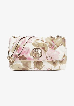 Borsa a tracolla con stampa floreale e texture trapuntata, caratterizzata da accenti rosa chiaro e verdi. Elementi metallici e una tracolla a catena completano il design.