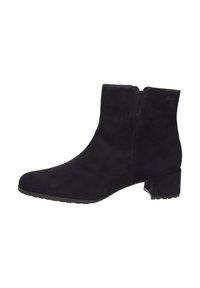 Bottines en daim noir avec un bout rond, fermeture éclair et un petit talon bloc. Texture lisse sans motifs ni accents visibles.