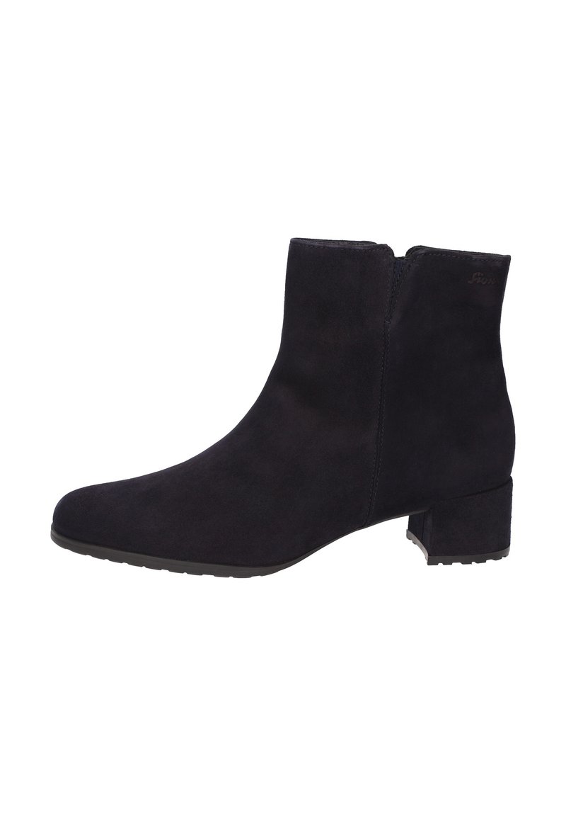 Bottines en daim noir avec un bout rond, fermeture éclair et un petit talon bloc. Texture lisse sans motifs ni accents visibles.