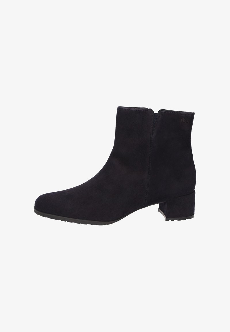 Bottines en daim noir avec un bout rond, fermeture éclair et un petit talon bloc. Texture lisse sans motifs ni accents visibles.