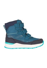 High-top blue sneaker with three Velcro straps, textured fabric, cushioned white sole, and turquoise accents.