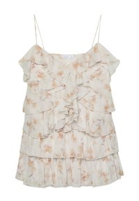 Haut léger à motifs floraux avec des volants superposés, des fines bretelles et un fond beige doux orné de délicates nuances de pêche et de violet.