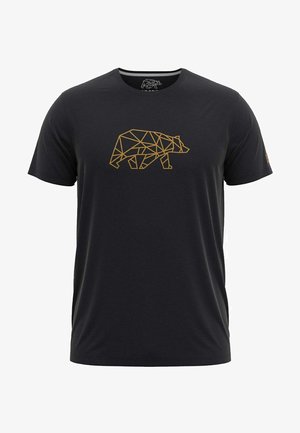 Camiseta negra de manga corta con un diseño geométrico de un oso en dorado. Hecha de una tela suave con cuello redondo y un corte relajado.
