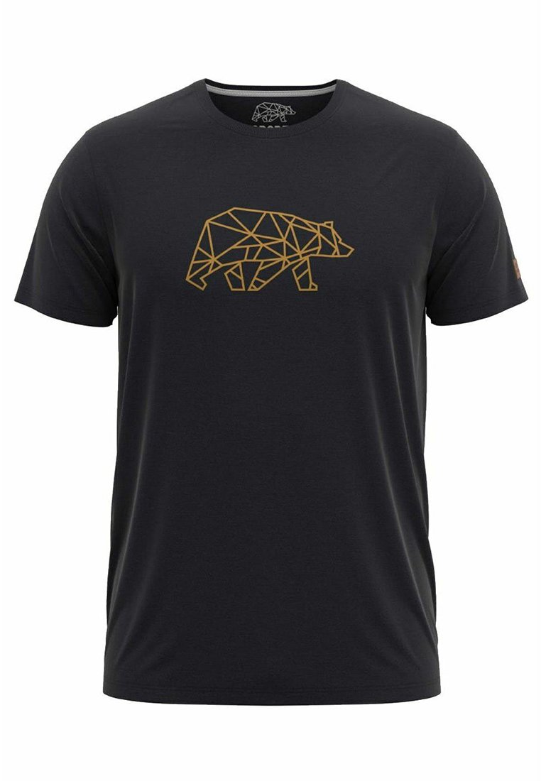 Camiseta negra de manga corta con un diseño geométrico de un oso en dorado. Hecha de una tela suave con cuello redondo y un corte relajado.