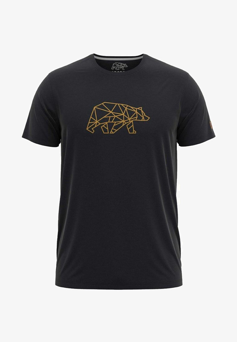 Camiseta negra de manga corta con un diseño geométrico de un oso en dorado. Hecha de una tela suave con cuello redondo y un corte relajado.