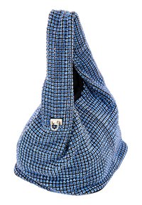 Borsa embellita con cristalli blu che presenta un design morbido e sformato, con un manico singolo e un dettaglio di chiusura in metallo color argento.