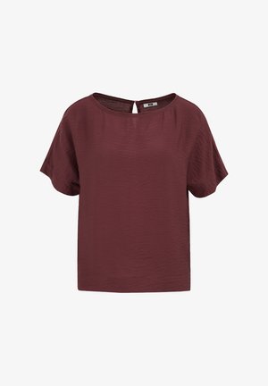 Lühikeste varrukatega tekstuuriga burgundia värvi pluus, millel on tagaküljel kaeluse juures nupuga avaus, ümara kaelusega ja lõdva lõikega.