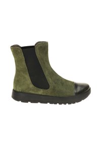 Green suede ankle boot with black elastic sides and a black rubber sole. Rounded toe capped in black leather for durability.