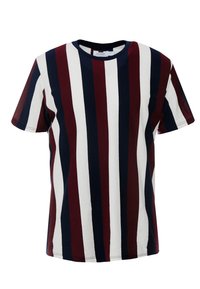 Stribet t-shirt i rød, marineblå og hvid. Bomuldsstof med rund hals, korte ærmer og lodrette striber i forskellige bredder.
