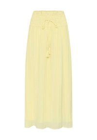 Jupe jaune clair, longueur cheville, avec une taille élastiquée froncée et deux liens à pompons avec perles en bois à l'avant.