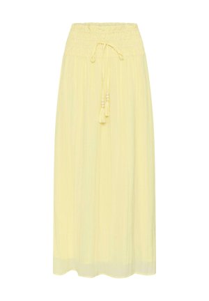 Svetložltá sukňa do členkov s nariaseným elastickým pásom a dvoma strapcovými šnúrkami s drevenými korálkami vpredu.
