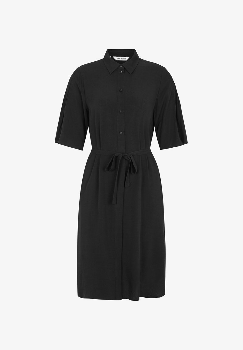 Czarna krótka sukienka z krótkim rękawem, kołnierzykiem, z przodu na guziki oraz z wiązanym paskiem w talii. Miękka tkanina o gładkiej strukturze i luźnym kroju.