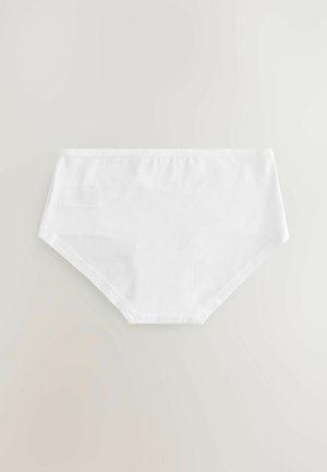 Weiße Baumwoll-Hipster-Unterhosen mit glatter Oberfläche, hohem Bund und ohne sichtbare Muster oder Verzierungen.